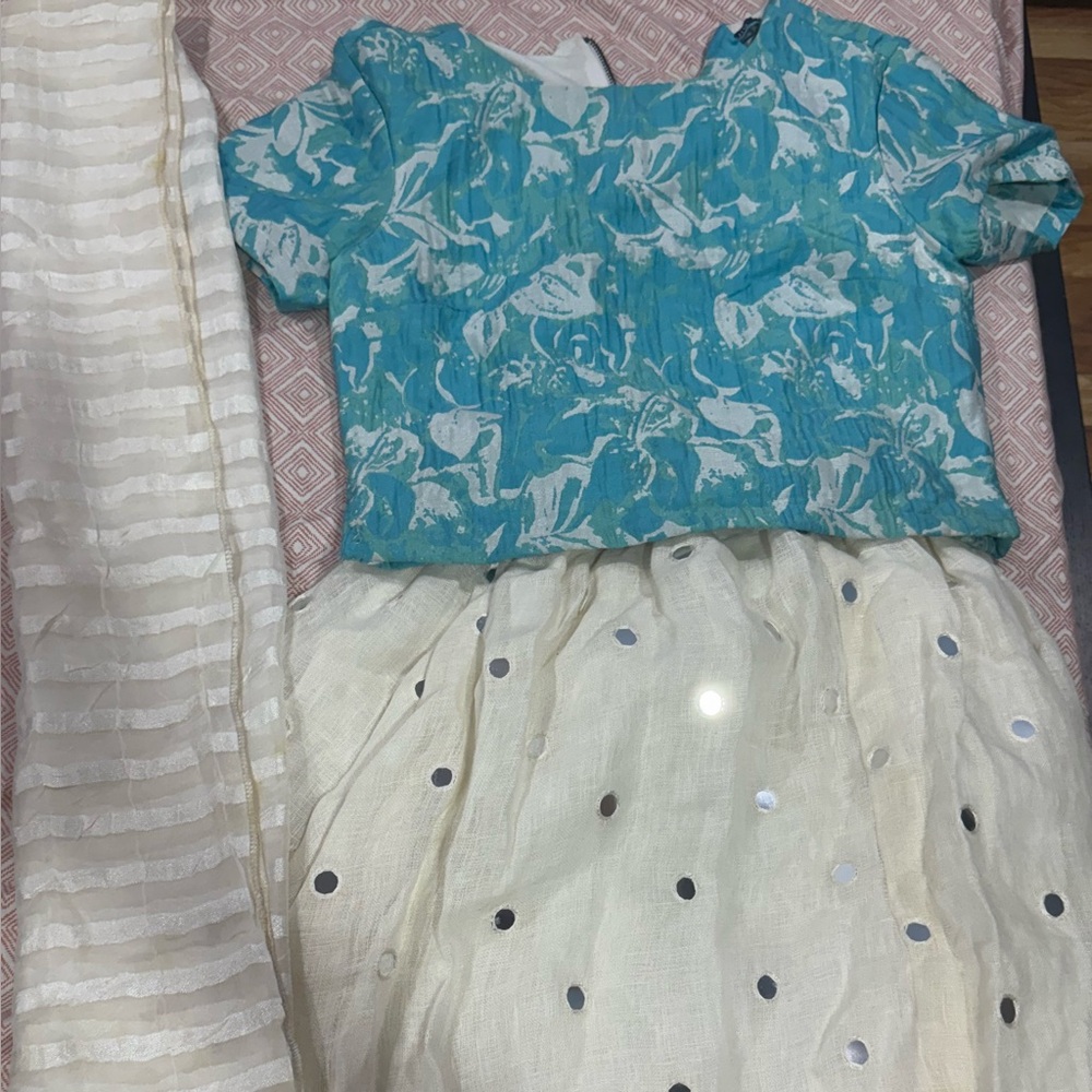 Floral Blue Top and white lehenga Set